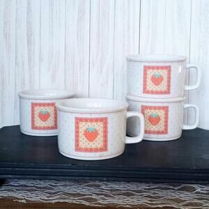 Vintage 1980s Strawberry Polka Dot Mugs: Cottagecore Kitchen Decor